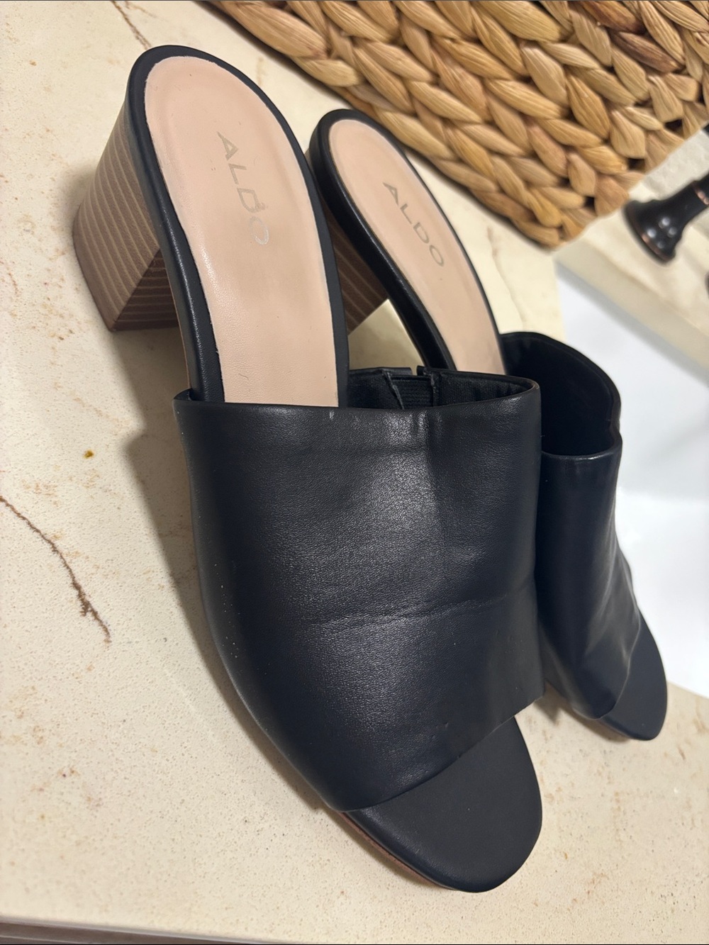 Aldo Black Leather Open-Toe Block Heel Mules